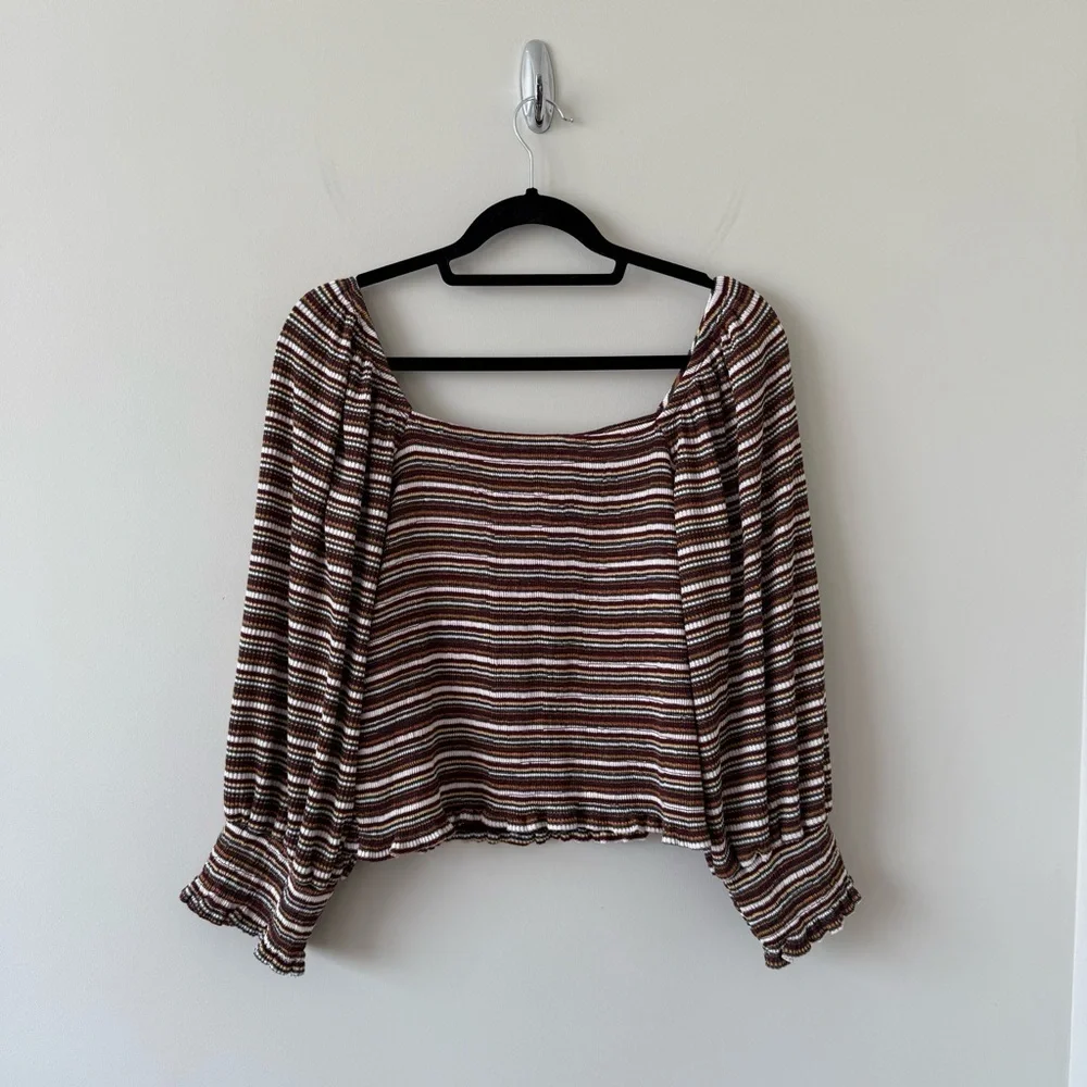 Anthropology- Smocked Puff-Sleeved Striped Knit Top (Size:Large) - Picture 2 of 10